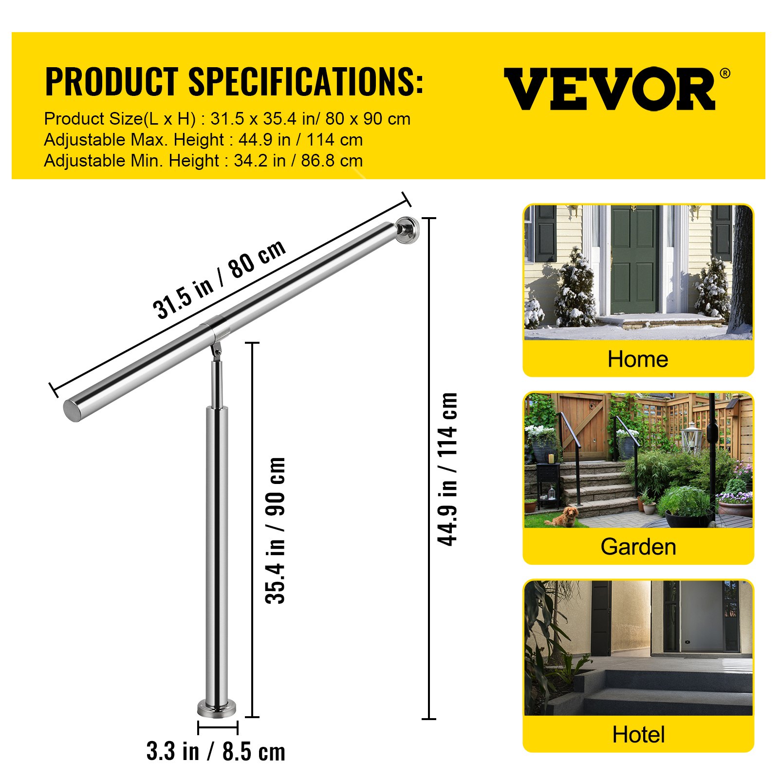 VEVOR - Pasamanos de acero inoxidable 304 para escaleras de 1 a 2 peldaños para interiores y exteriores, pasamanos de metal ajustables para escalones, 31.5 x 35.4 pulgadas, plateado