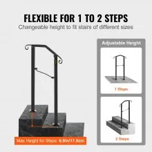 Pasamanos VEVOR para escalones al aire libre, se adaptan a barandilla de escalera exterior de 1 o 2 escalones, pasamanos de hierro forjado Arch#1, barandilla de porche flexible, pasamanos de transición negros para escalones de hormigón o escaleras de madera