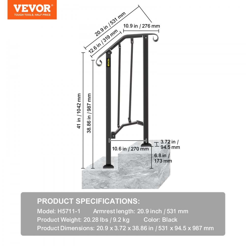 Pasamanos de exterior VEVOR con medidas y especificaciones del producto sobre escalones de piedra gris.