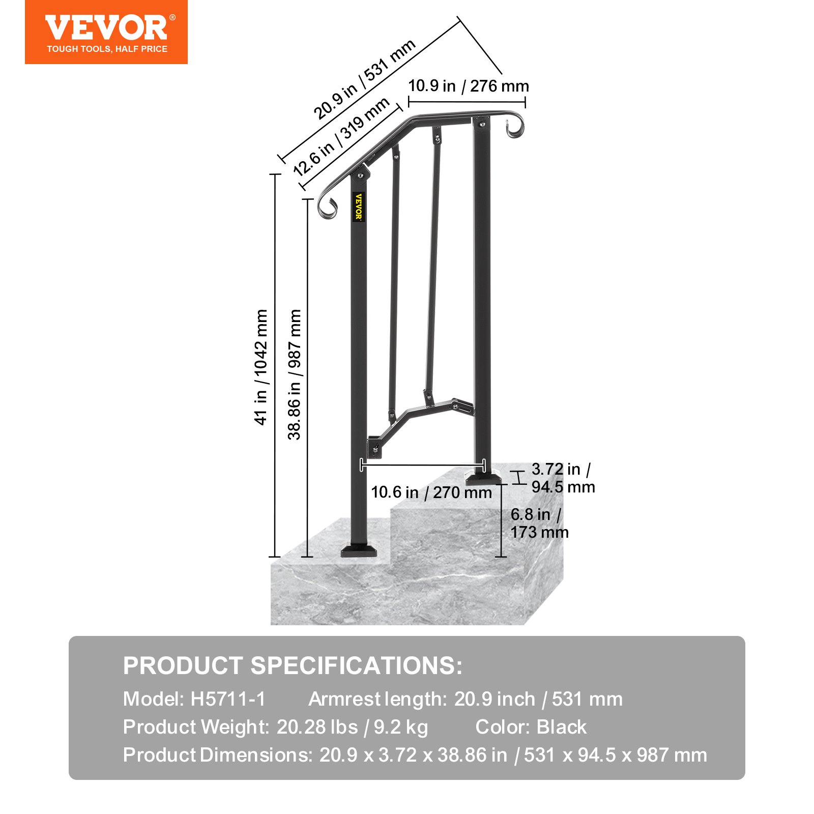Pasamanos de exterior VEVOR con medidas y especificaciones del producto sobre escalones de piedra gris.