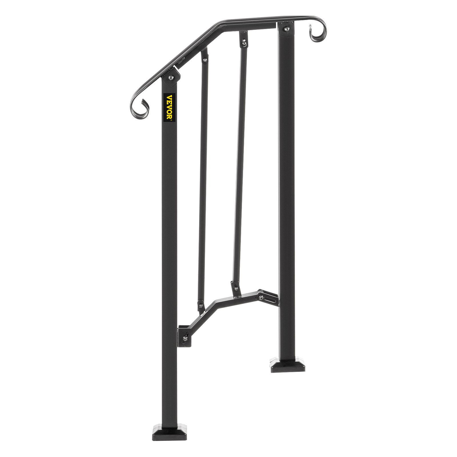 Pasamanos para exterior VEVOR de metal negro con dos postes y extremos curvados decorativos.