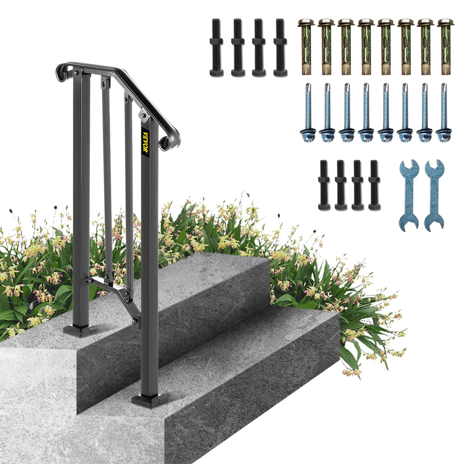 Pasamanos para exterior VEVOR sobre escalones de hormigón con herramientas y herrajes de montaje variados.