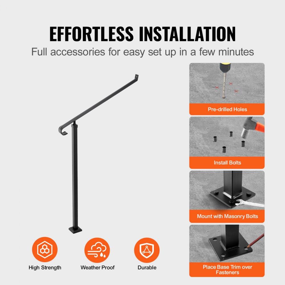 Pasamanos VEVOR para escaleras exteriores de 1 o 2 escalones, pasamanos de hierro forjado, pasamanos para escaleras, pasamanos de hierro negro para escaleras, montaje en pared y suelo con kit de instalación.