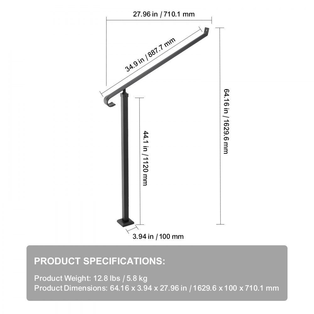 Pasamanos VEVOR para escaleras exteriores de 1 o 2 escalones, pasamanos de hierro forjado, pasamanos para escaleras, pasamanos de hierro negro para escaleras, montaje en pared y suelo con kit de instalación.