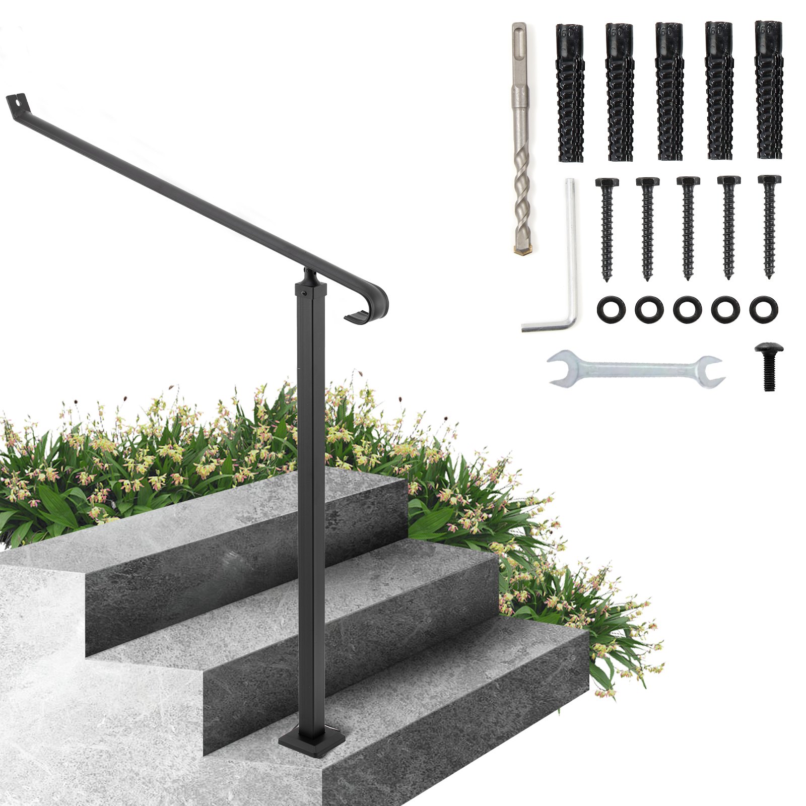 Pasamanos VEVOR para escaleras exteriores de 1 o 2 escalones, pasamanos de hierro forjado, pasamanos para escaleras, pasamanos de hierro negro para escaleras, montaje en pared y suelo con kit de instalación.