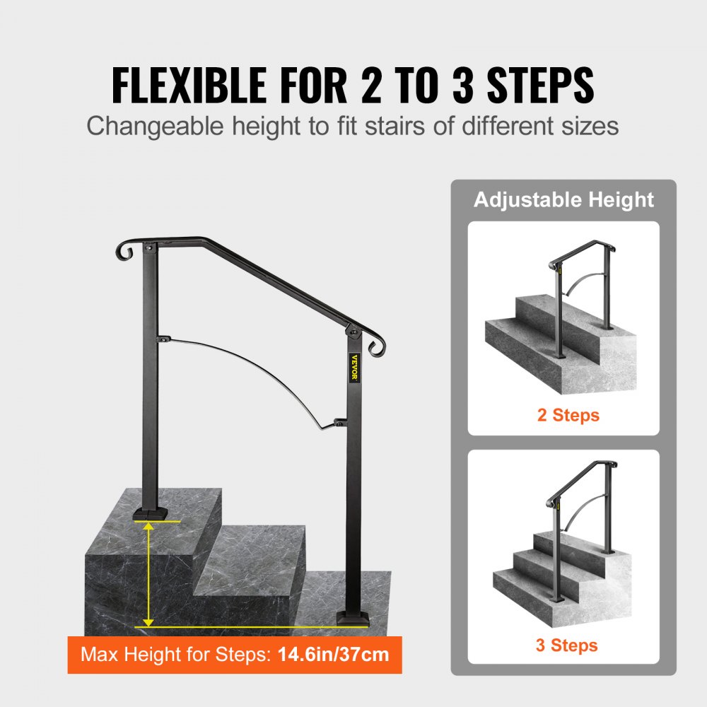 Barandillas VEVOR para escaleras exteriores, aptas para 2 o 3 peldaños, barandilla de hierro forjado Arch#2, barandilla flexible para porches, barandillas negras de estilo transicional para escalones de hormigón o escaleras de madera.