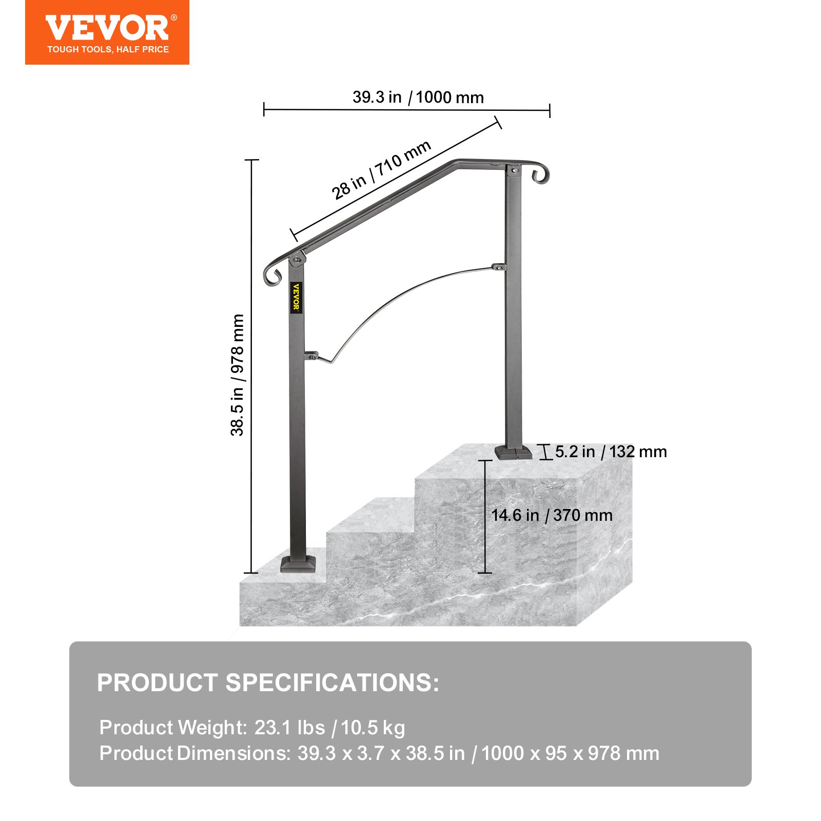 Pasamanos de exterior VEVOR con especificaciones de dimensiones y peso.