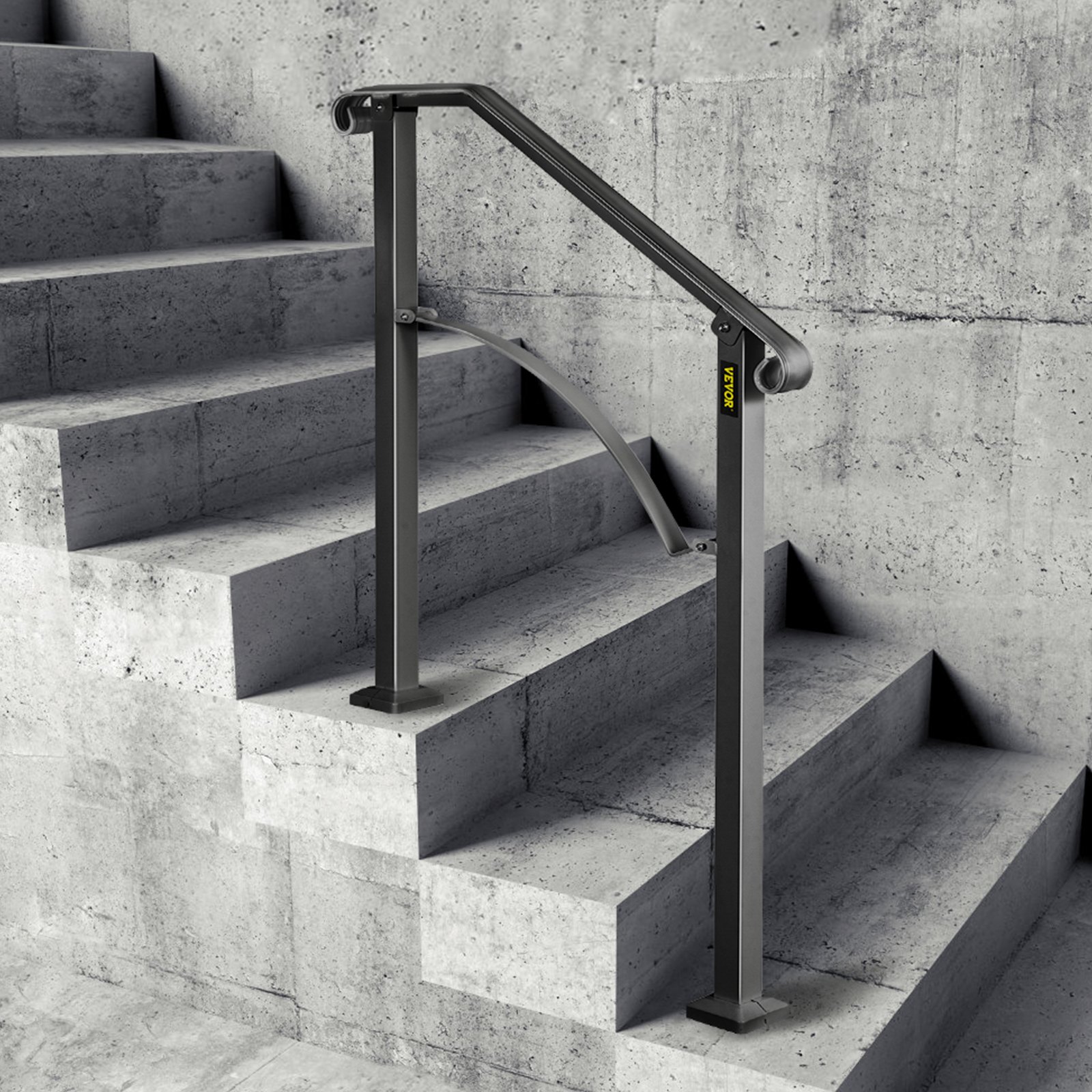 Pasamanos para exterior VEVOR en escaleras de hormigón modernas, que muestran una construcción de metal resistente.