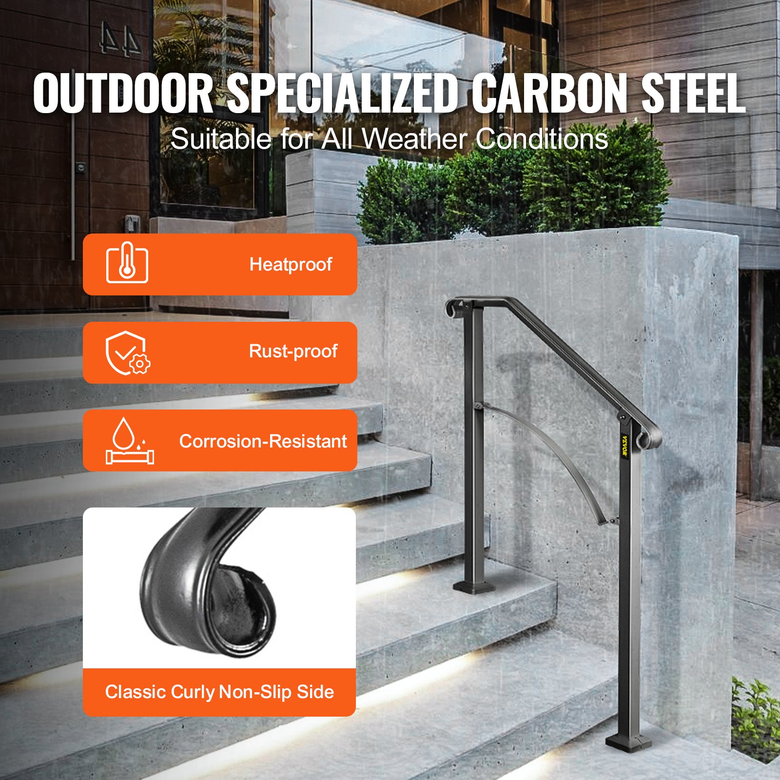 Barandillas VEVOR para escaleras exteriores, aptas para 2 o 3 peldaños, barandilla de hierro forjado Arch#2, barandilla flexible para porches, barandillas negras de estilo transicional para escalones de hormigón o escaleras de madera.