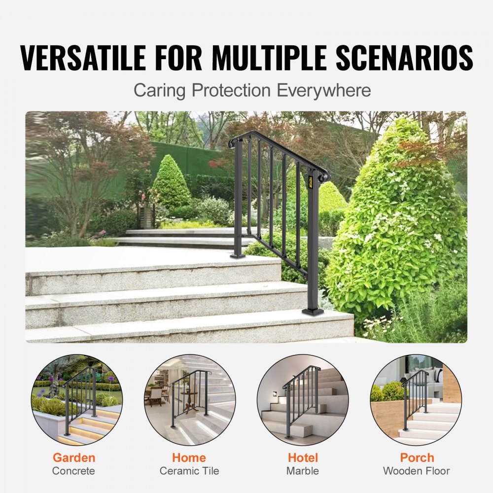 Pasamanos de exterior VEVOR en escaleras de jardín con múltiples escenarios de instalación mostrados.