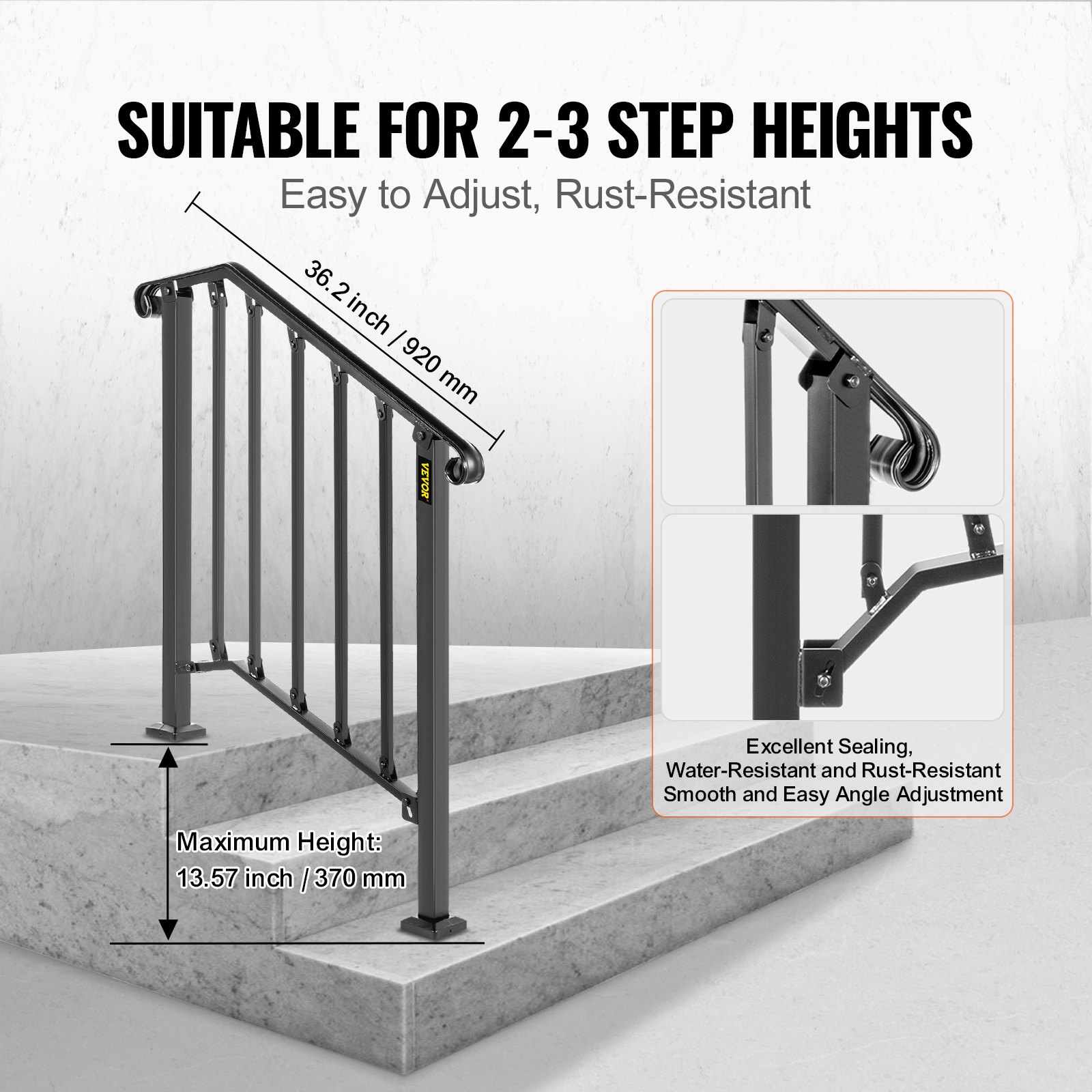 Pasamanos de exterior VEVOR para 2-3 escalones, ajustables, resistentes a la oxidación, altura de 36,2 pulgadas.