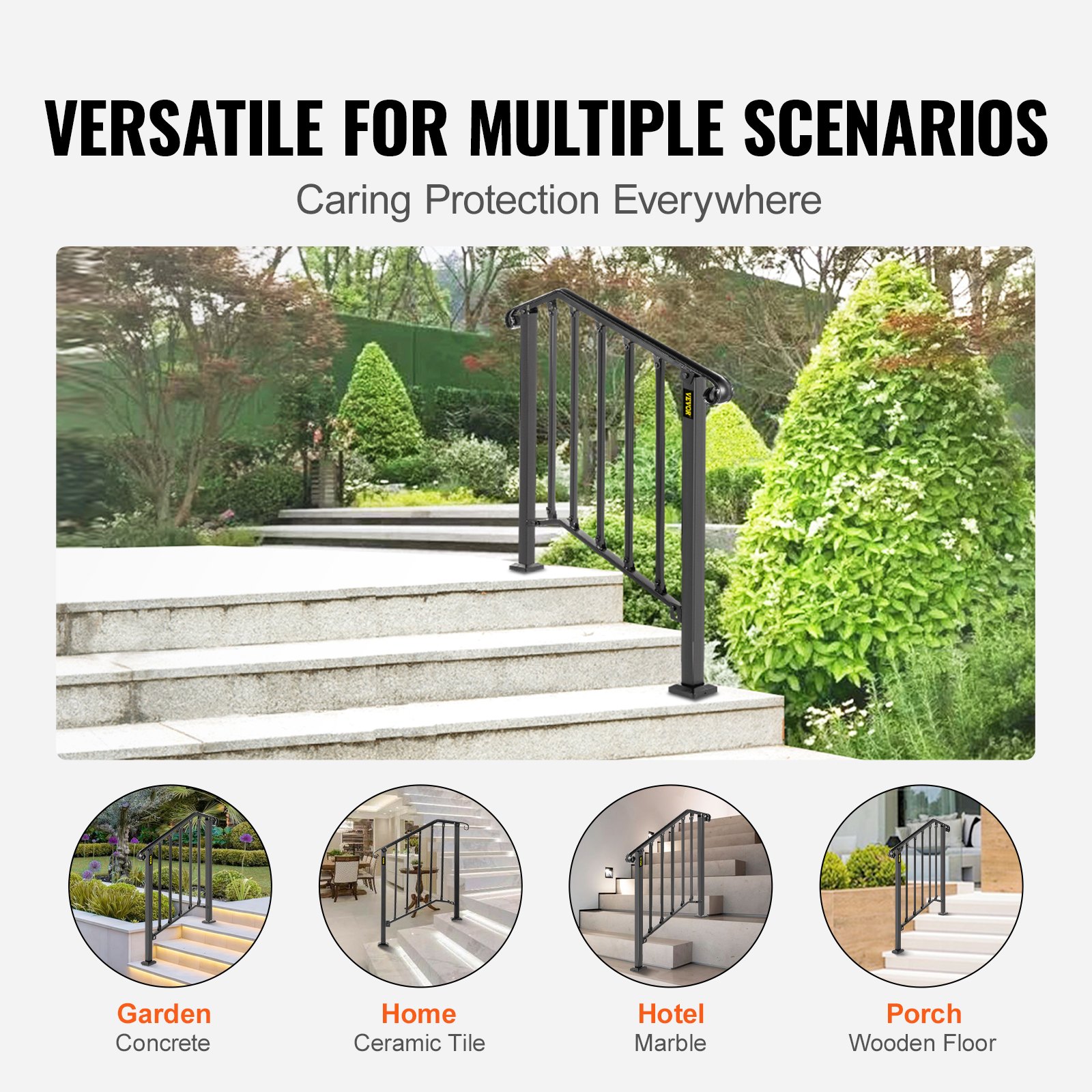 Pasamanos de exterior VEVOR en escaleras de jardín con múltiples escenarios de instalación mostrados.