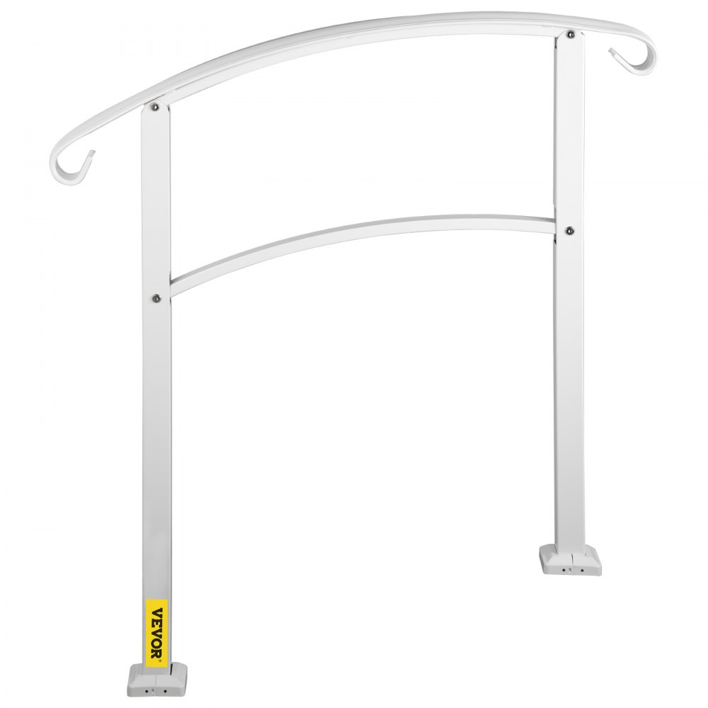 Pasamanos de exterior VEVOR de color blanco con parte superior curvada y dos postes de montaje.