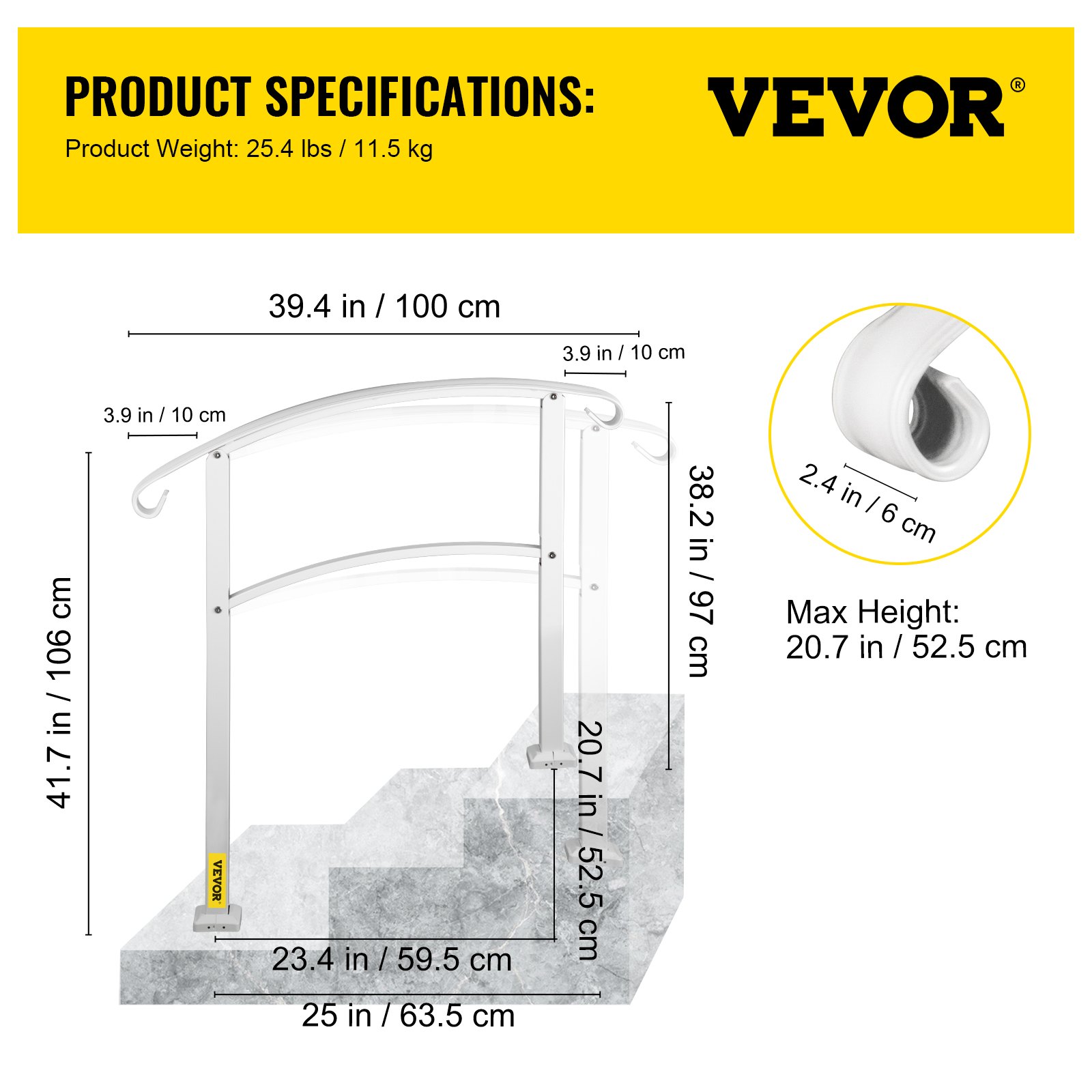 Especificaciones del producto pasamanos para exterior VEVOR con dimensiones y peso.