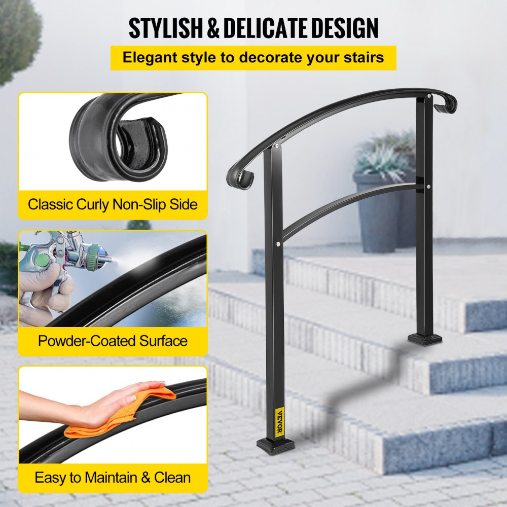 Pasamanos de transición VEVOR de 3 escalones, apto para 1 o 3 escalones, de hierro forjado mate con kit de instalación, para exteriores (no ajustable) (negro)