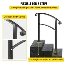 Pasamanos de transición VEVOR de 3 escalones para 1 o 3 escalones de hierro forjado mate con kit de instalación de pasamanos para escalones al aire libre (no ajustable) (negro)