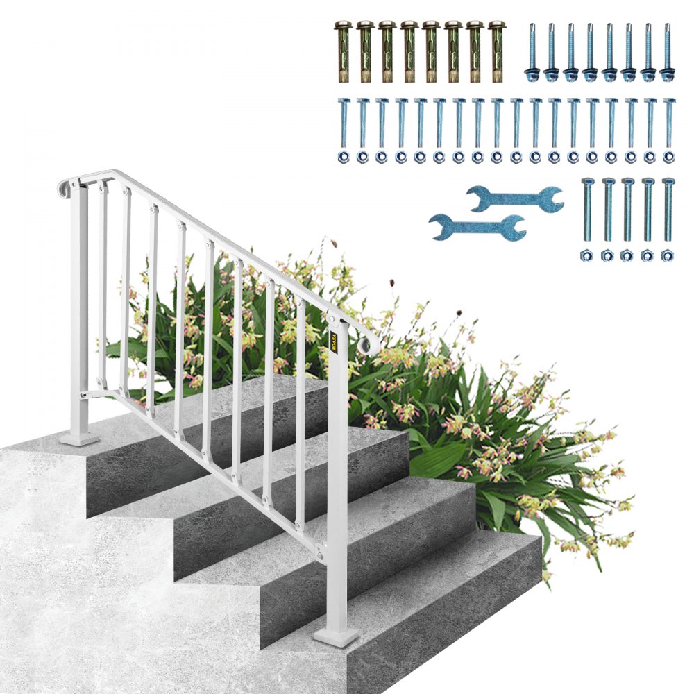 Barandilla de escalera para exterior VEVOR con herrajes y herramientas de instalación, con un jardín como telón de fondo.