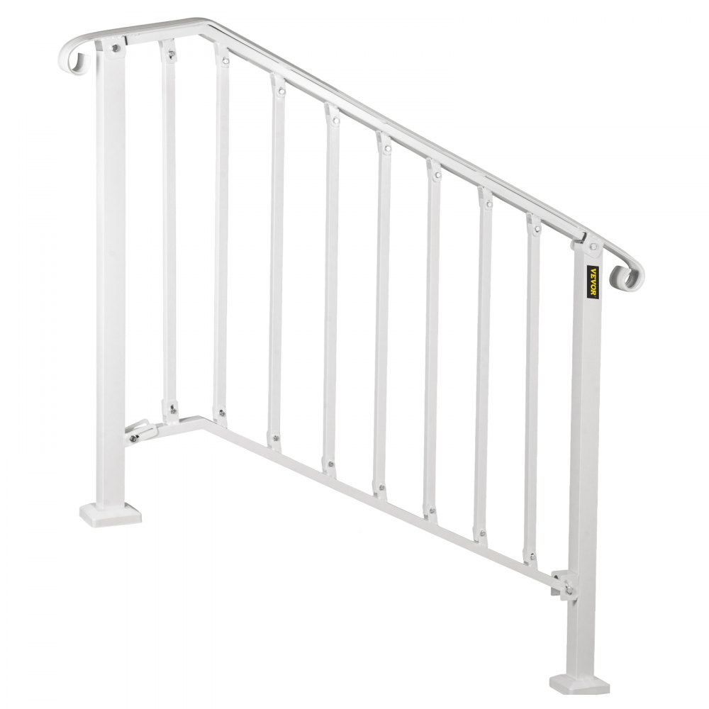 Barandilla de escalera exterior VEVOR blanca con barras verticales y placas de base resistentes.