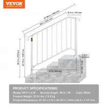 VEVOR Fit 3 o 4 escalones para escaleras al aire libre, pasamanos para escalones al aire libre, Picket#3 pasamanos de hierro forjado, barandilla de porche flexible, pasamanos de transición blancos para escalones de hormigón o escaleras de madera