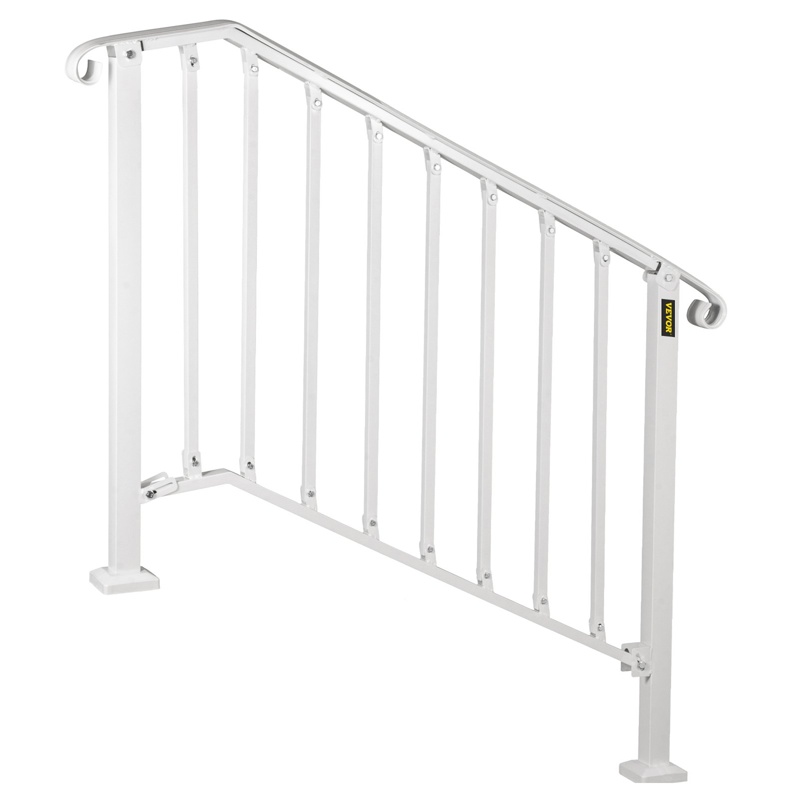 Barandilla de escalera exterior VEVOR blanca con barras verticales y placas de base resistentes.