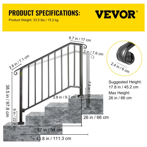 Pasamanos VEVOR para escalones al aire libre, se adaptan a barandilla de escalera exterior de 3 o 4 escalones, pasamanos de hierro forjado Picket#3, barandilla de porche flexible, pasamanos de transición negros para escalones de hormigón o escaleras de madera