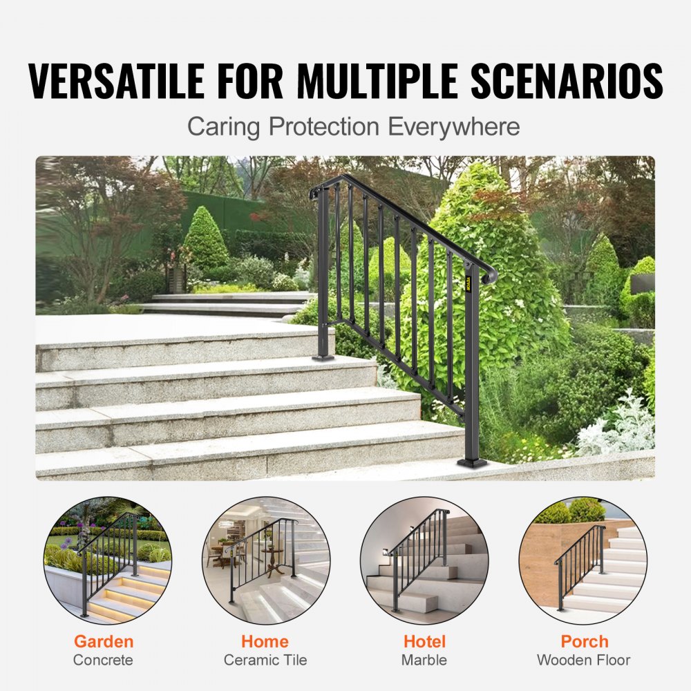 Barandillas VEVOR para escaleras exteriores, aptas para 3 o 4 peldaños, barandilla de hierro forjado Picket#3, barandilla flexible para porches, barandillas negras de estilo transicional para escalones de hormigón o escaleras de madera.