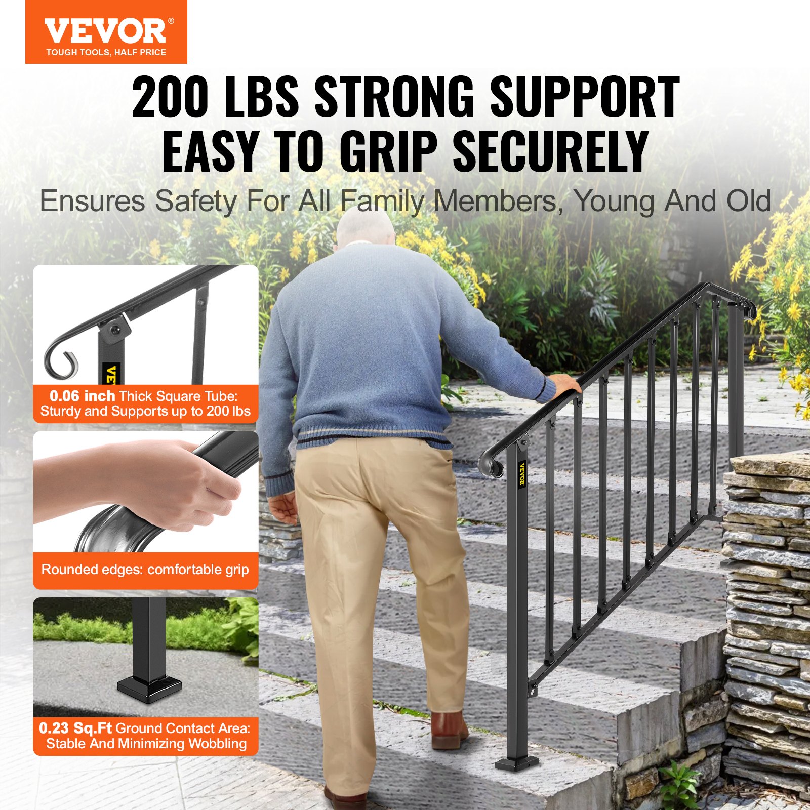Barandillas VEVOR para escaleras exteriores, aptas para 3 o 4 peldaños, barandilla de hierro forjado Picket#3, barandilla flexible para porches, barandillas negras de estilo transicional para escalones de hormigón o escaleras de madera.