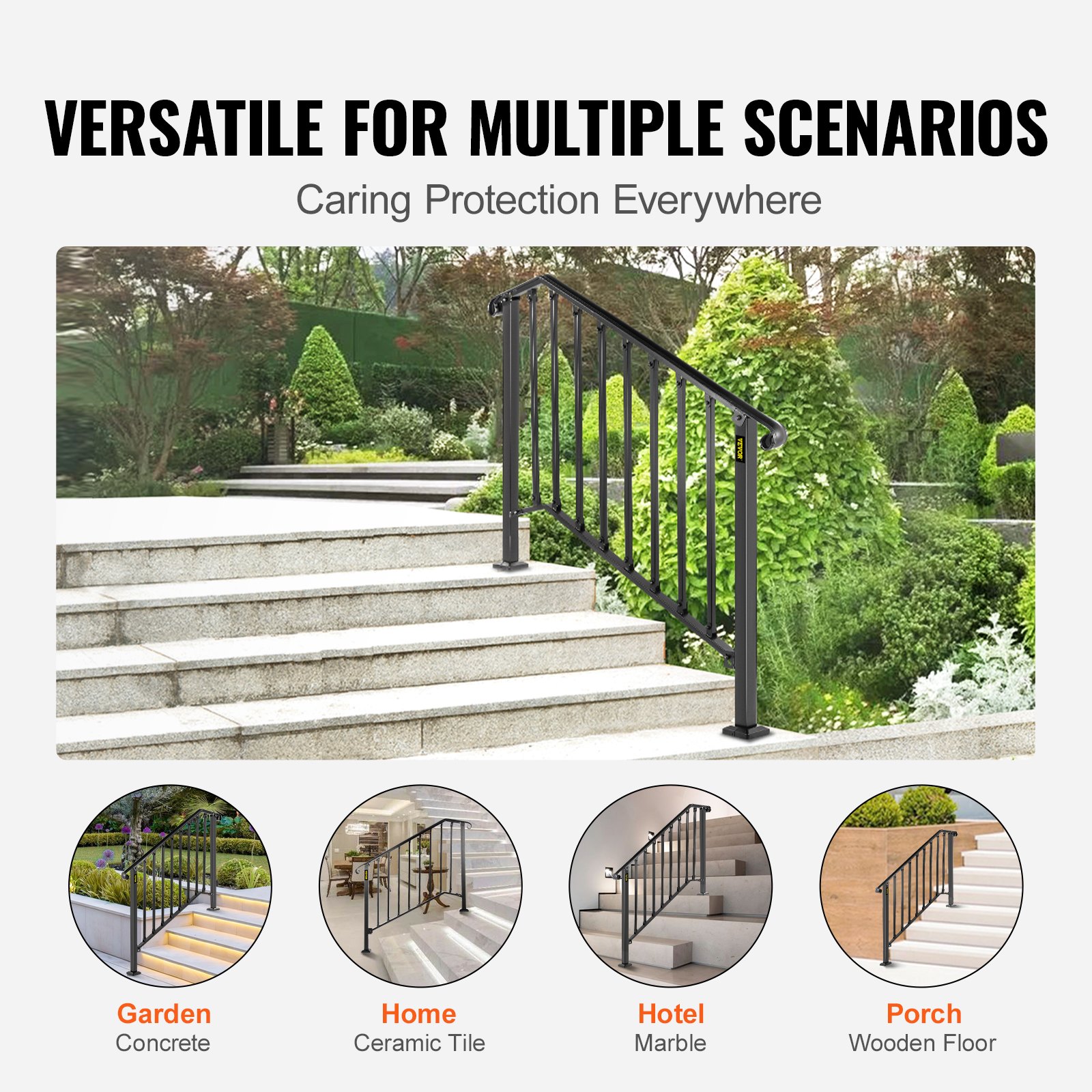 Barandillas VEVOR para escaleras exteriores, aptas para 3 o 4 peldaños, barandilla de hierro forjado Picket#3, barandilla flexible para porches, barandillas negras de estilo transicional para escalones de hormigón o escaleras de madera.