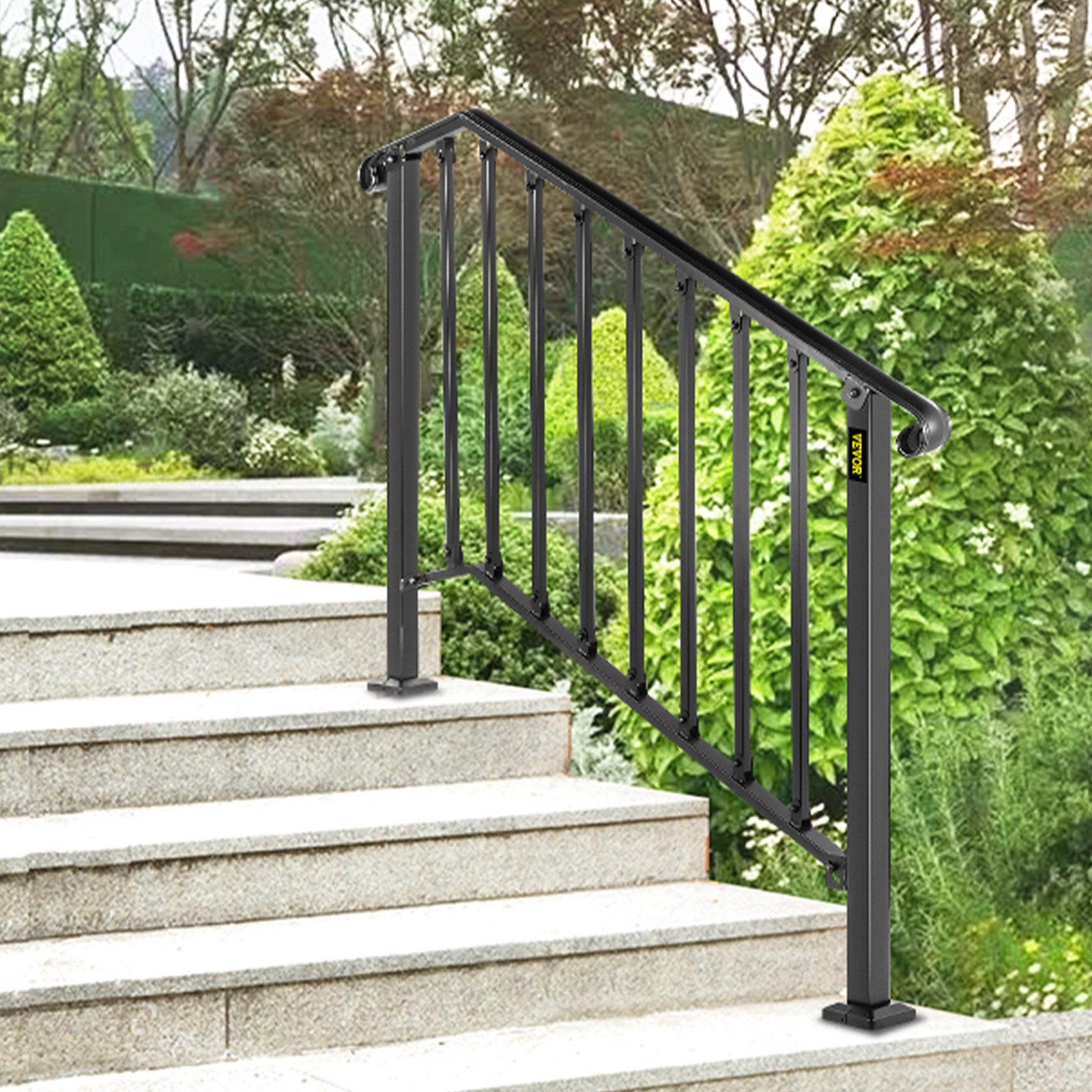 Barandillas VEVOR para escaleras exteriores, aptas para 3 o 4 peldaños, barandilla de hierro forjado Picket#3, barandilla flexible para porches, barandillas negras de estilo transicional para escalones de hormigón o escaleras de madera.