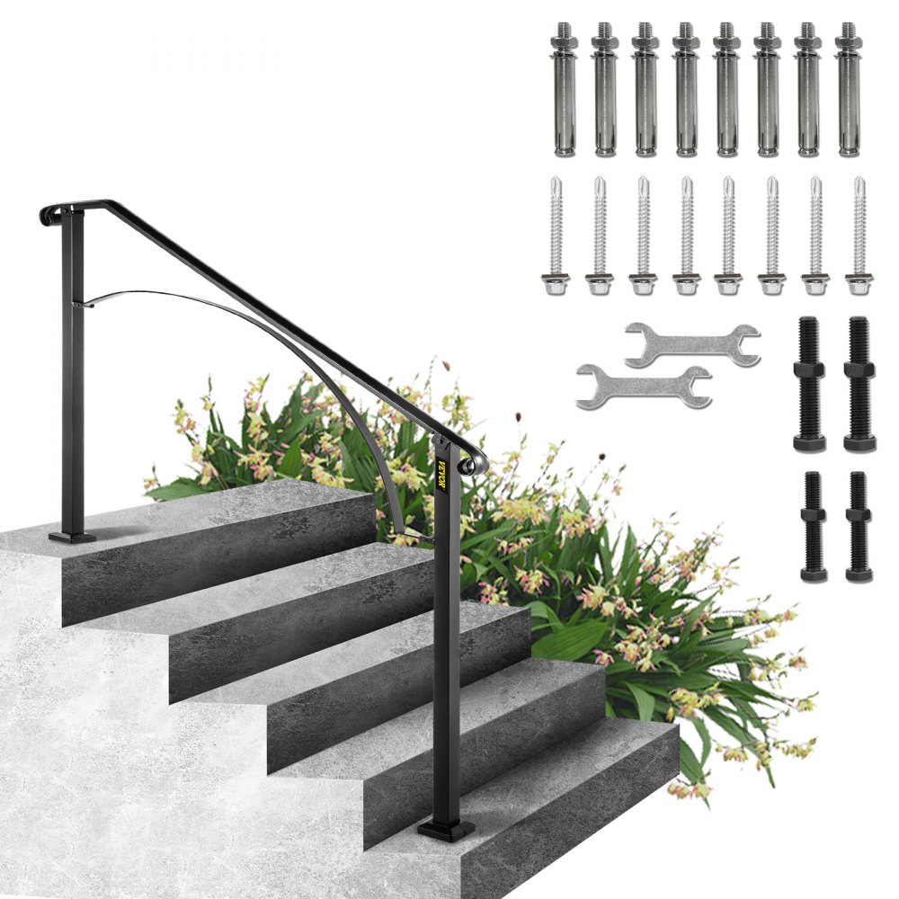 Pasamanos VEVOR para escaleras exteriores con herrajes de instalación fijados a escalones de hormigón.