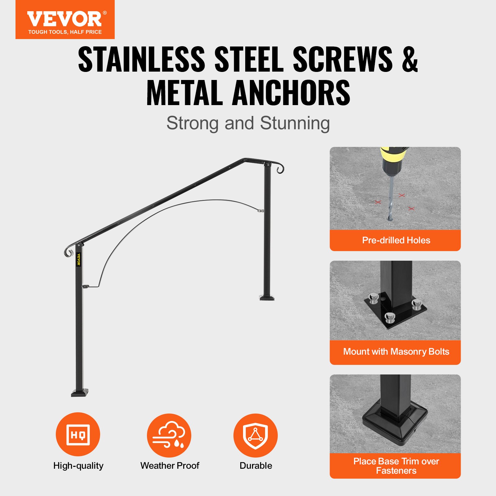 Pasamanos VEVOR para escaleras exteriores, tornillos de acero inoxidable y anclajes metálicos.