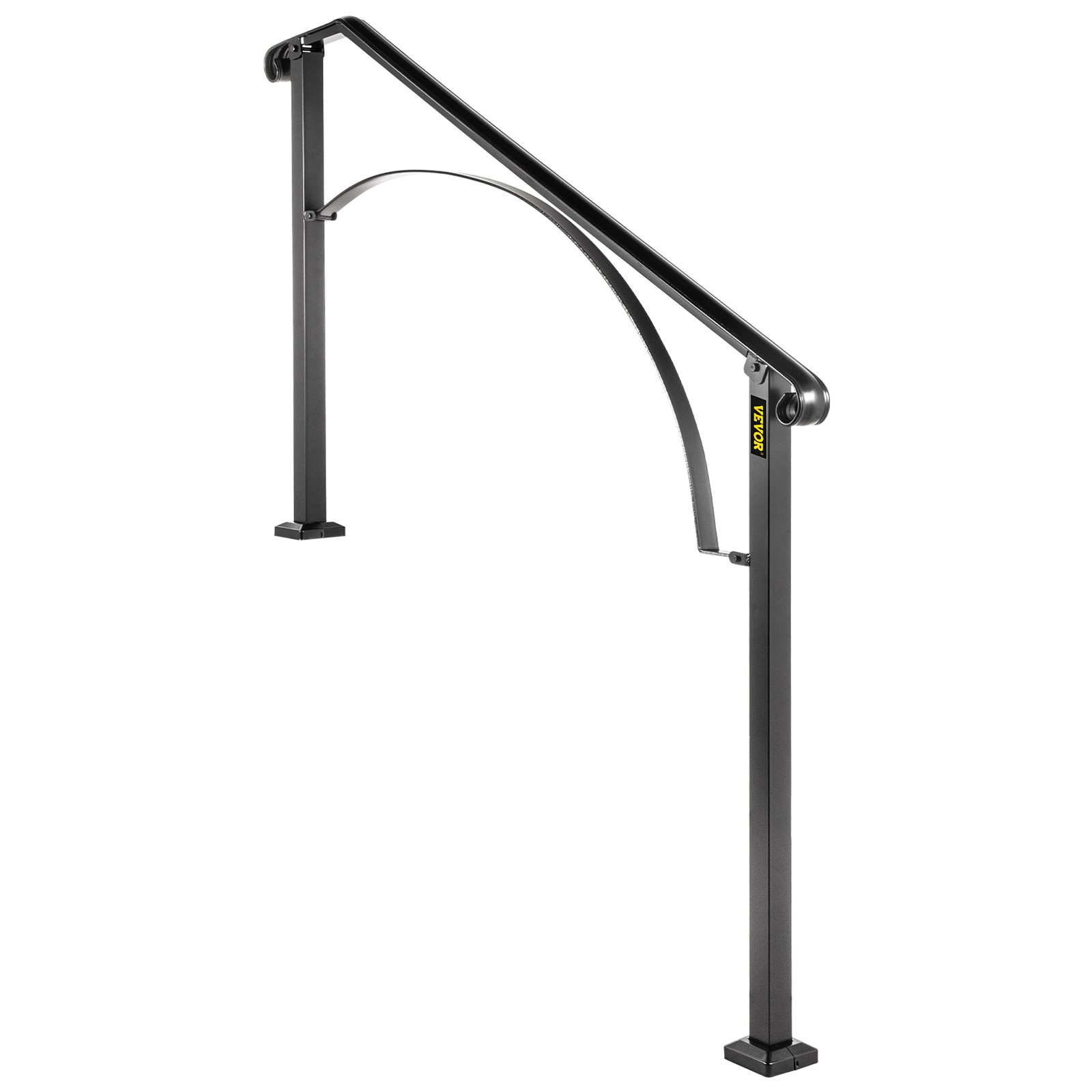 Pasamanos VEVOR para escaleras exteriores, robusta barandilla de metal negro con soporte de apoyo curvado.