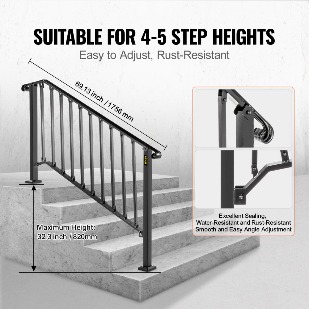 Barandillas VEVOR para escaleras exteriores, aptas para 4 o 5 peldaños, barandilla de hierro forjado Picket #4, barandilla flexible para porches, barandillas negras de estilo transicional para escalones de hormigón o escaleras de madera.