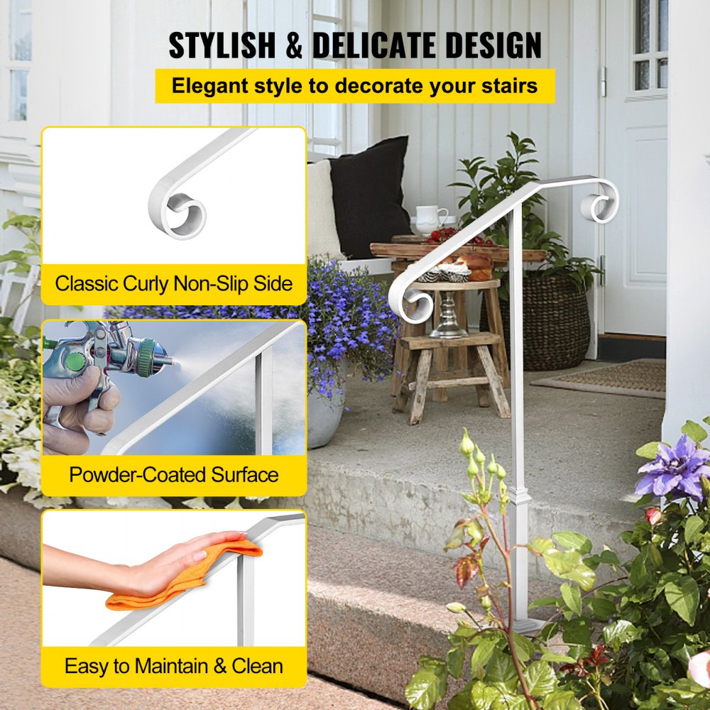Pasamanos de un solo poste VEVOR de hierro forjado blanco con soporte para escalones de 1 o 2 escalones. Pasamanos de un solo poste.