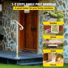 Pasamanos VEVOR para escalones al aire libre, se adapta a 1 o 2 escalones de escalera al aire libre, diseño de flores de pasamanos de hierro forjado de un solo poste, barandillas de porche blancas para escalones de hormigón o escaleras de madera con base