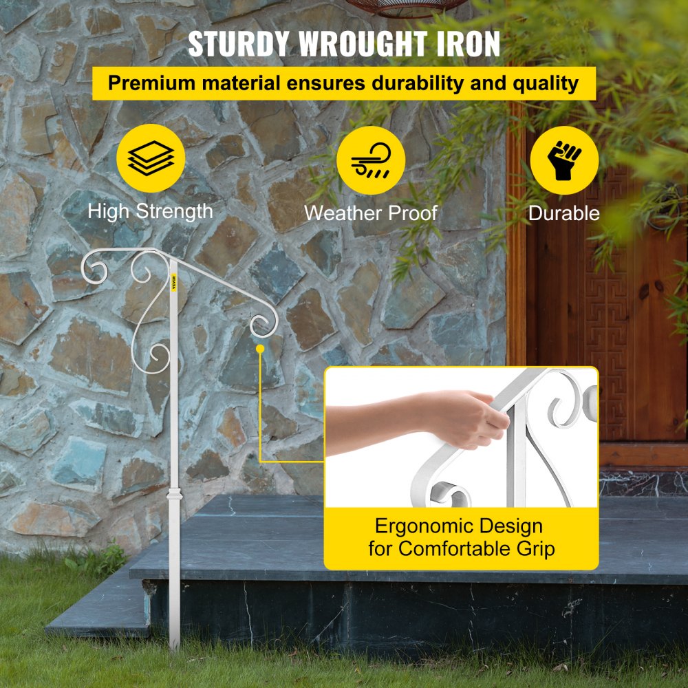 Pasamanos VEVOR para escaleras exteriores, apto para 1 o 2 escalones, pasamanos de hierro forjado de un solo poste con diseño floral, barandillas blancas para porche, para escalones de hormigón o escaleras de madera sin base.