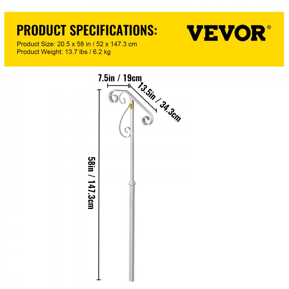 Pasamanos VEVOR para escaleras exteriores, apto para 1 o 2 escalones, pasamanos de hierro forjado de un solo poste con diseño floral, barandillas blancas para porche, para escalones de hormigón o escaleras de madera sin base.