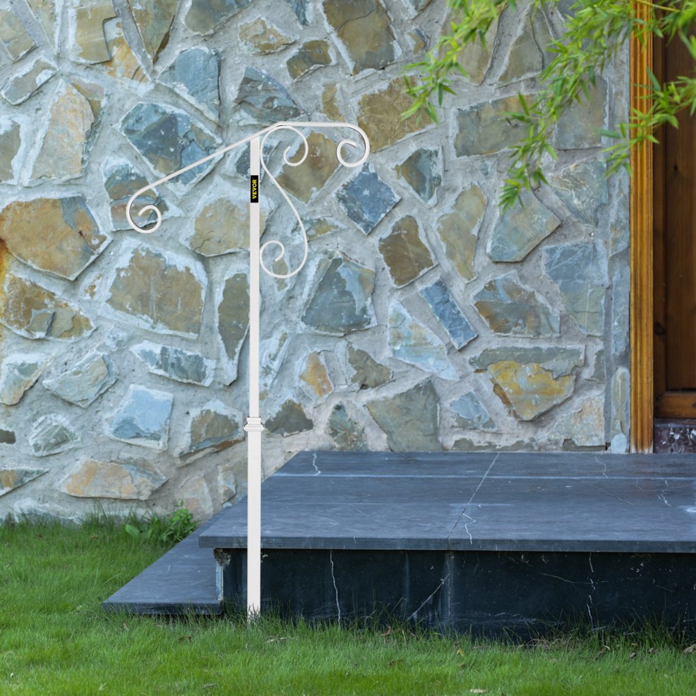 Pasamanos VEVOR para escaleras exteriores, apto para 1 o 2 escalones, pasamanos de hierro forjado de un solo poste con diseño floral, barandillas blancas para porche, para escalones de hormigón o escaleras de madera sin base.