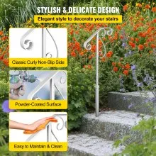 VEVOR Pasamanos para escalones al aire libre, se adapta a 1 o 2 escalones de barandilla de escalera al aire libre, diseño de flores de pasamanos de hierro forjado de un solo poste, barandillas de porche blancas para escalones de hormigón o escaleras de madera sin base
