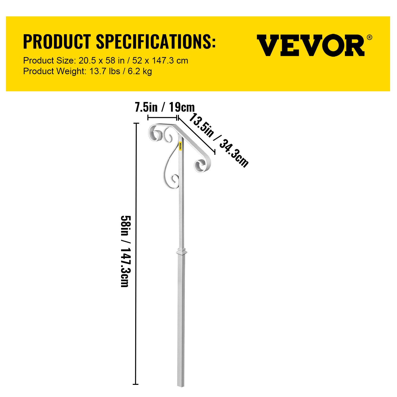 Pasamanos VEVOR para escaleras exteriores, apto para 1 o 2 escalones, pasamanos de hierro forjado de un solo poste con diseño floral, barandillas blancas para porche, para escalones de hormigón o escaleras de madera sin base.