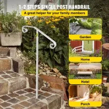 VEVOR Pasamanos de un solo poste Montaje en poste de hierro forjado Soportes de agarre en el suelo Poste largo Se adapta a 1 o 2 escalones Barandilla de un solo poste