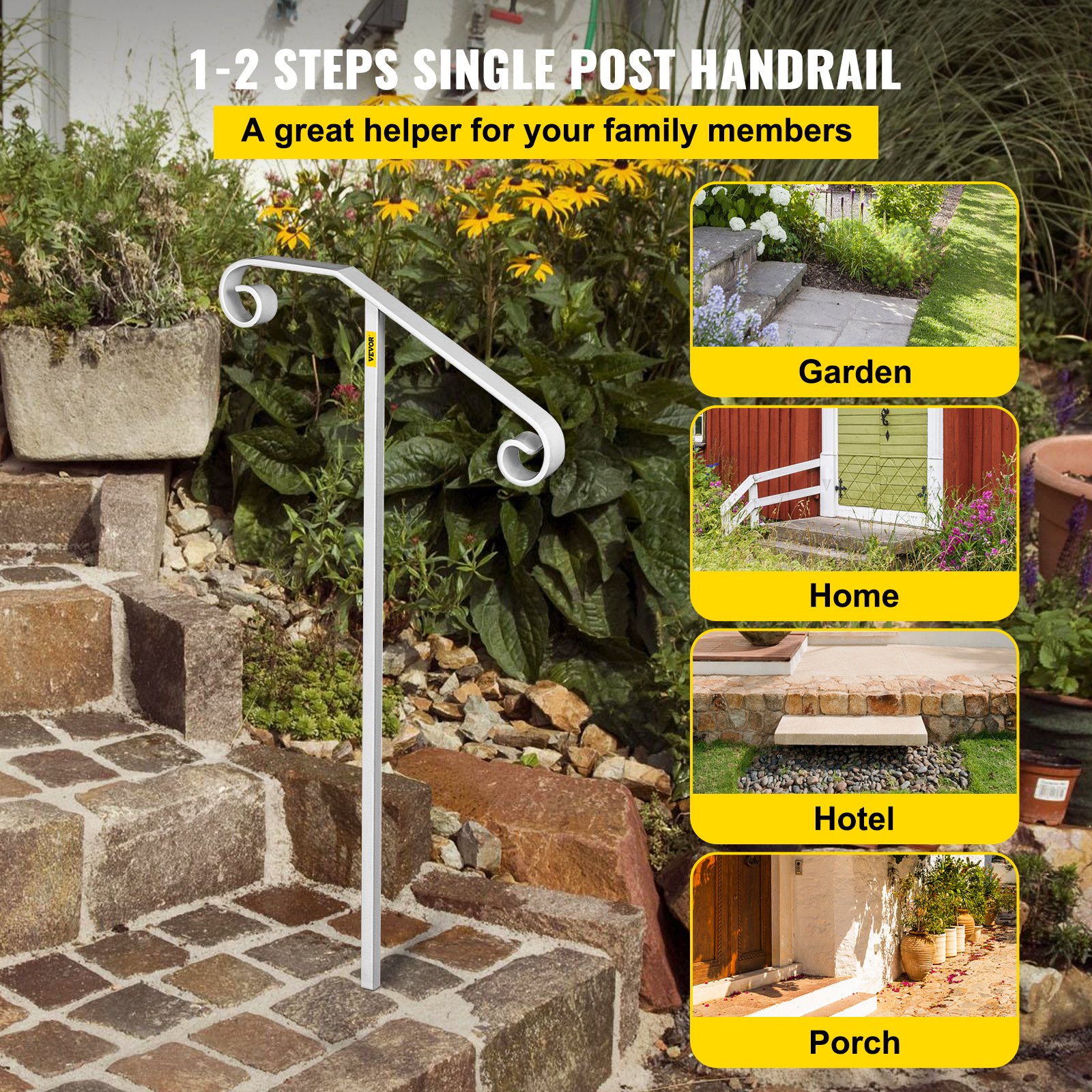 Pasamanos VEVOR para escaleras de 1-2 escalones en un jardín con flores amarillas y camino de ladrillos.