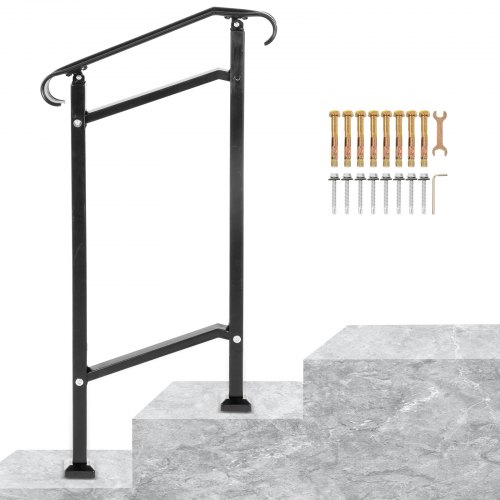 Barandilla de escalera exterior VEVOR, compatible con pasamanos de hierro forjado de 1 o 2 escalones, pasamanos de porche delantero ajustable, pasamanos de transición negro para escalones de hormigón o escaleras de madera con kit de instalación