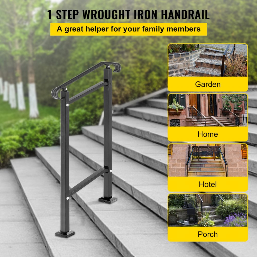 Barandilla de escalera exterior VEVOR, apta para 1 o 2 escalones, pasamanos de hierro forjado, pasamanos ajustables para porche delantero, pasamanos de transición negro para escalones de hormigón o escaleras de madera con kit de instalación.
