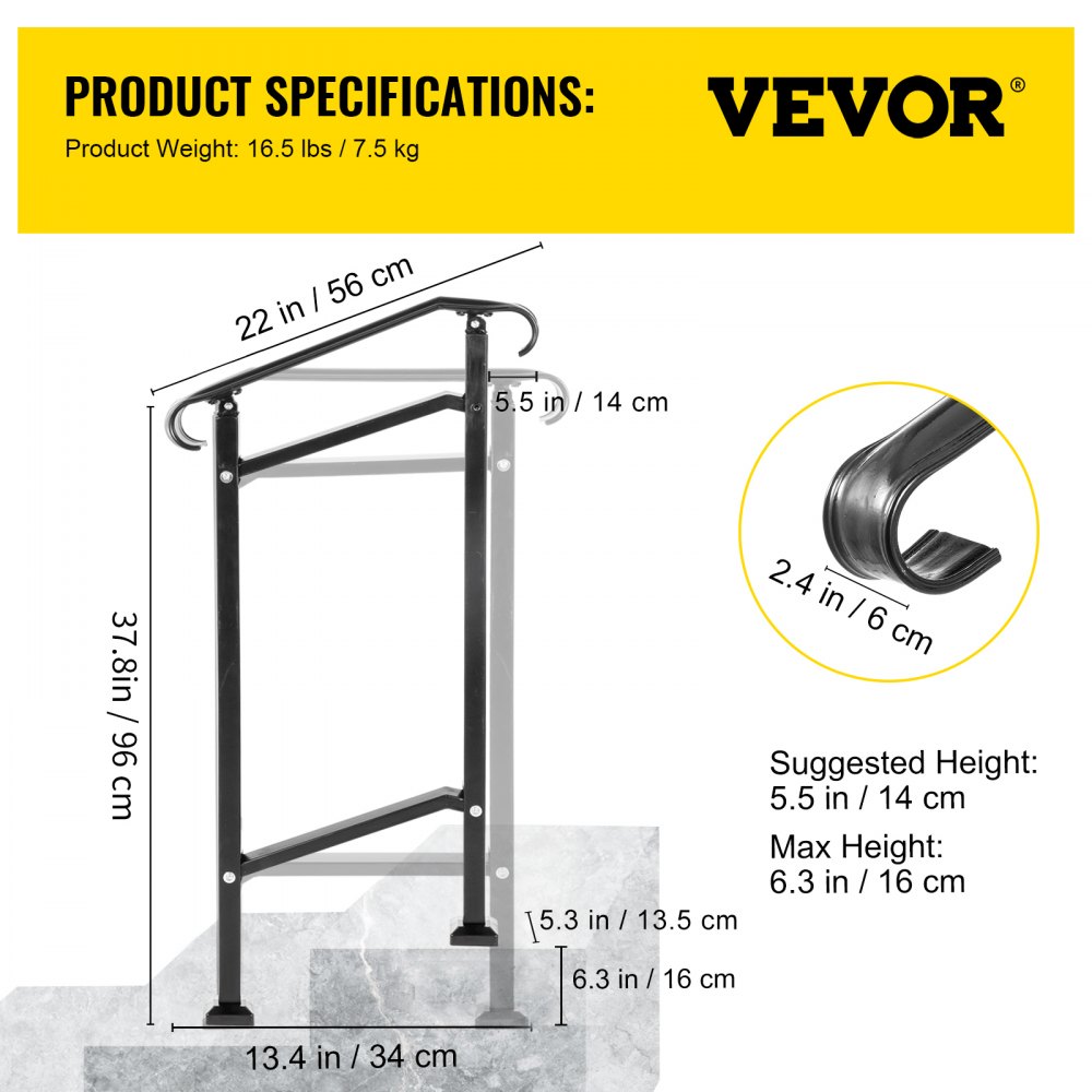 Barandilla de escalera exterior VEVOR, apta para 1 o 2 escalones, pasamanos de hierro forjado, pasamanos ajustables para porche delantero, pasamanos de transición negro para escalones de hormigón o escaleras de madera con kit de instalación.