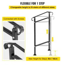 Barandilla de escalera exterior VEVOR, compatible con pasamanos de hierro forjado de 1 o 2 escalones, pasamanos de porche delantero ajustable, pasamanos de transición negro para escalones de hormigón o escaleras de madera con kit de instalación