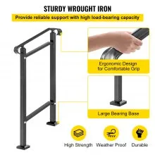 Barandilla de escalera exterior VEVOR, compatible con pasamanos de hierro forjado de 1 o 2 escalones, pasamanos de porche delantero ajustable, pasamanos de transición negro para escalones de hormigón o escaleras de madera con kit de instalación