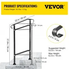 Barandilla de escalera exterior VEVOR, compatible con pasamanos de hierro forjado de 1 o 2 escalones, pasamanos de porche delantero ajustable, pasamanos de transición negro para escalones de hormigón o escaleras de madera con kit de instalación