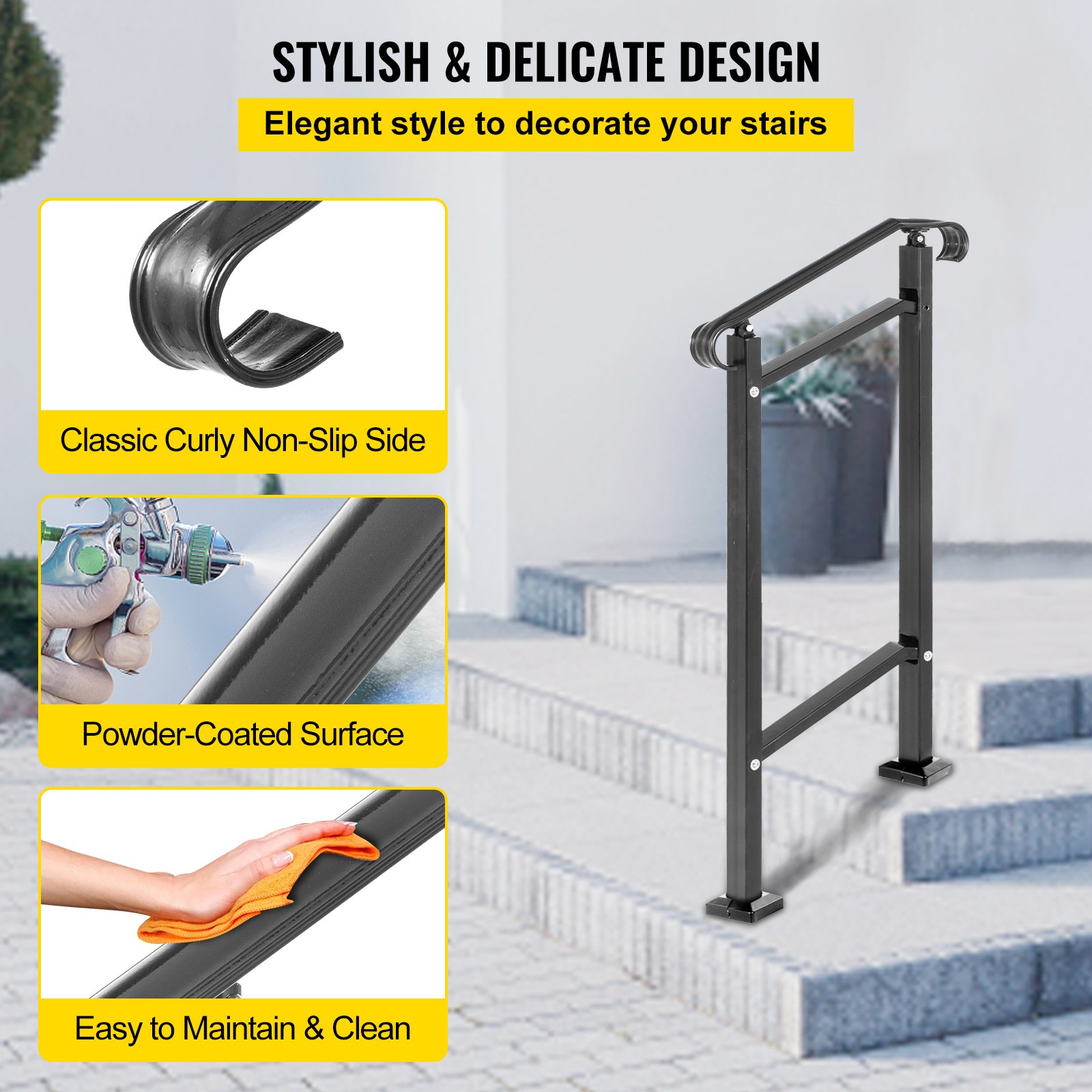 VEVOR - Barandilla de escalera para exterior, de hierro forjado, ajustable para 1 o 2 escalones, para porche delantero, color negro, ideal para escalones de hormigón o madera, con kit de instalación.