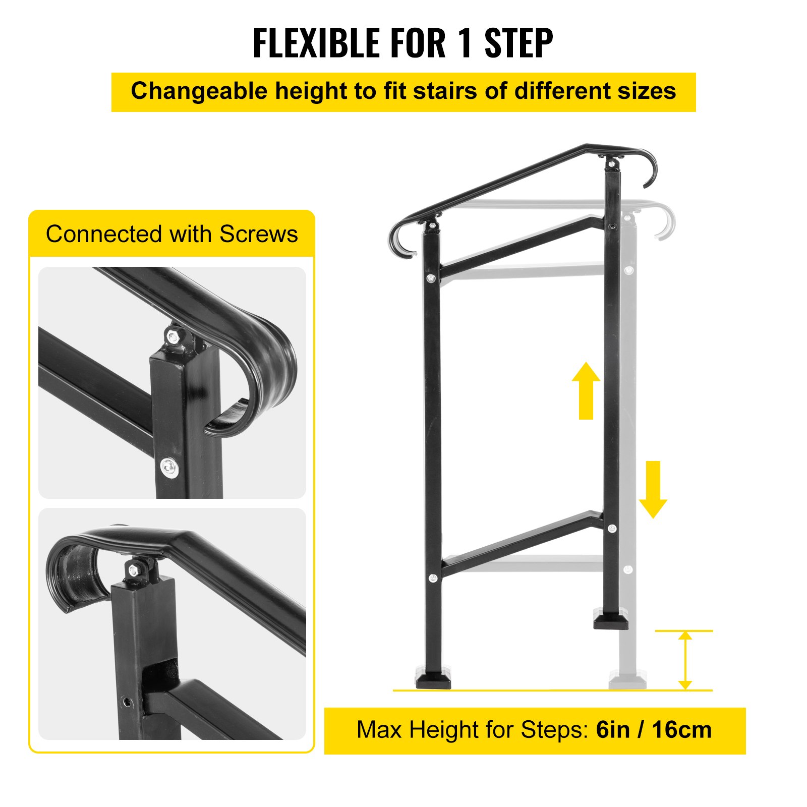 Barandilla de escalera exterior VEVOR, apta para 1 o 2 escalones, pasamanos de hierro forjado, pasamanos ajustables para porche delantero, pasamanos de transición negro para escalones de hormigón o escaleras de madera con kit de instalación.